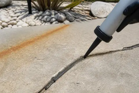 Close-up of a routed crack in a sun-bleached Cape Coral driveway being filled with dark polyurethane sealant from a caulking gun