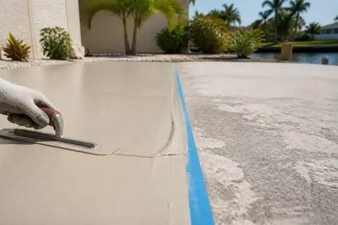 Magnesium trowel spreading pale polymer resurfacing overlay across a worn Cape Coral driveway, half covered and half original bleached concrete