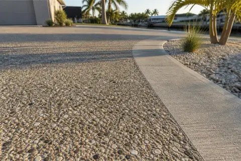 Detail of an exposed aggregate driveway surface with tan and gray river gravel and white shell fragments beside a broom-finished border band