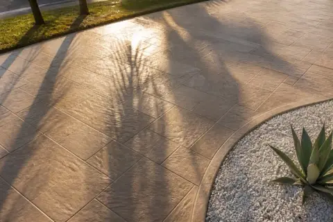 Overhead view of a stamped concrete driveway in ashlar slate pattern with warm sand tones and fresh sealer, palm shadows across the surface